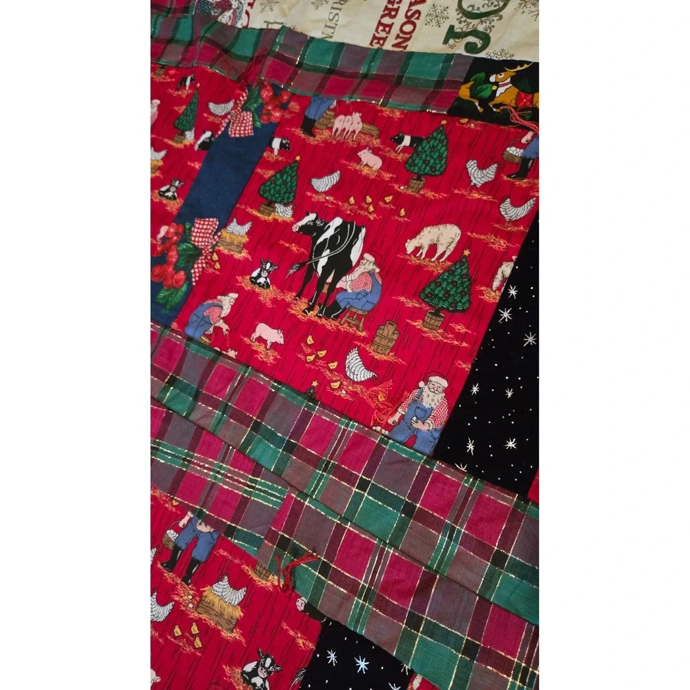 Handmade Christmas Patchwork Quilt Farmer Santa John Deere Plaid Rustic Red